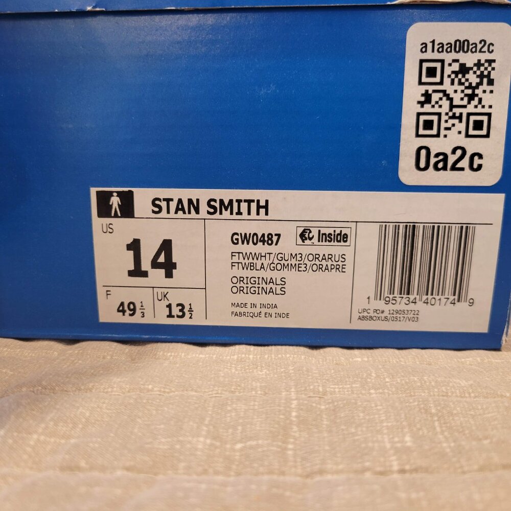 Adidas Stan Smith, White Orange Gum, Mens 14 - Picture 7 of 7